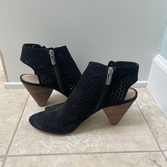 Vince Camuto Elison Nubuck Leather Peep Toe Heeled Sandal Bootie, Size 9M, Black - Picture 7 of 9